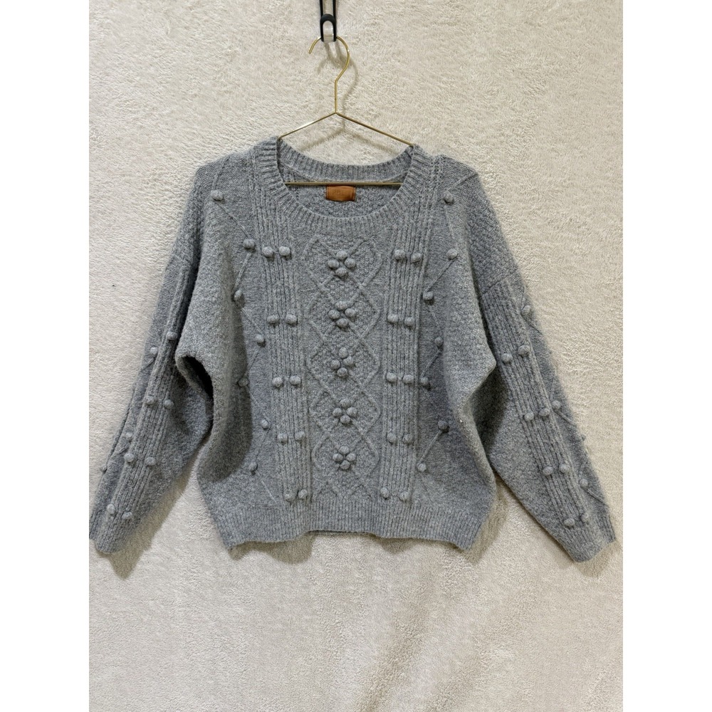 POL Cable Knit Pom Pom Sweater Women's Small Gray Bobble Diamond Winter